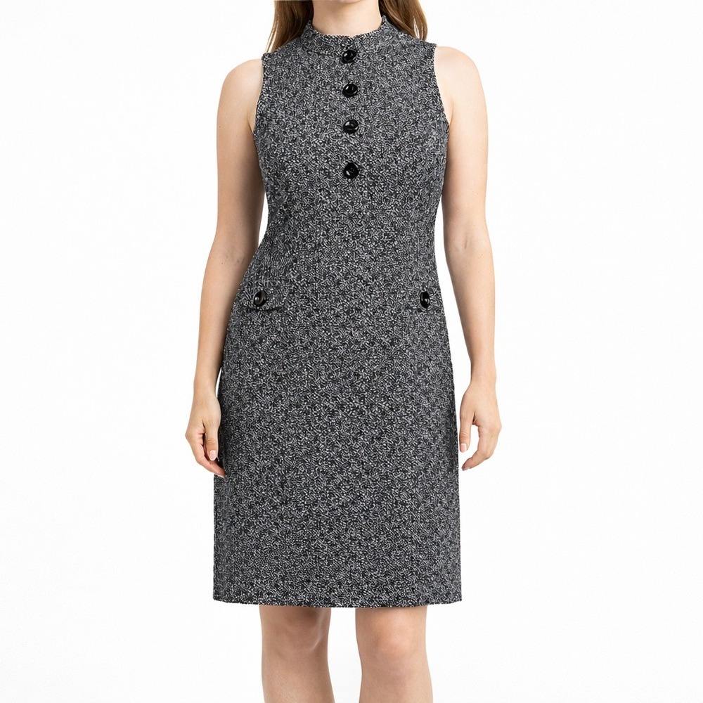 Per Se Shift Sheath Dress Womens 12 Black White Textured Snap Front Mod Office